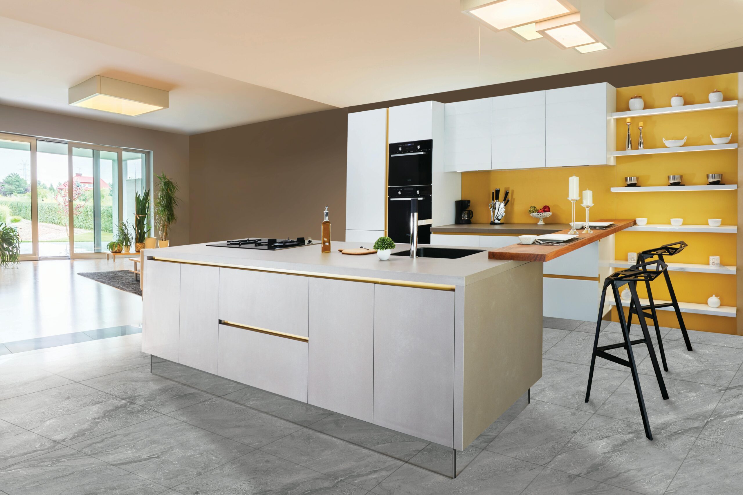 Projects Sleek and modern kitchen interior featuring a large island and open shelving in a contemporary setting.