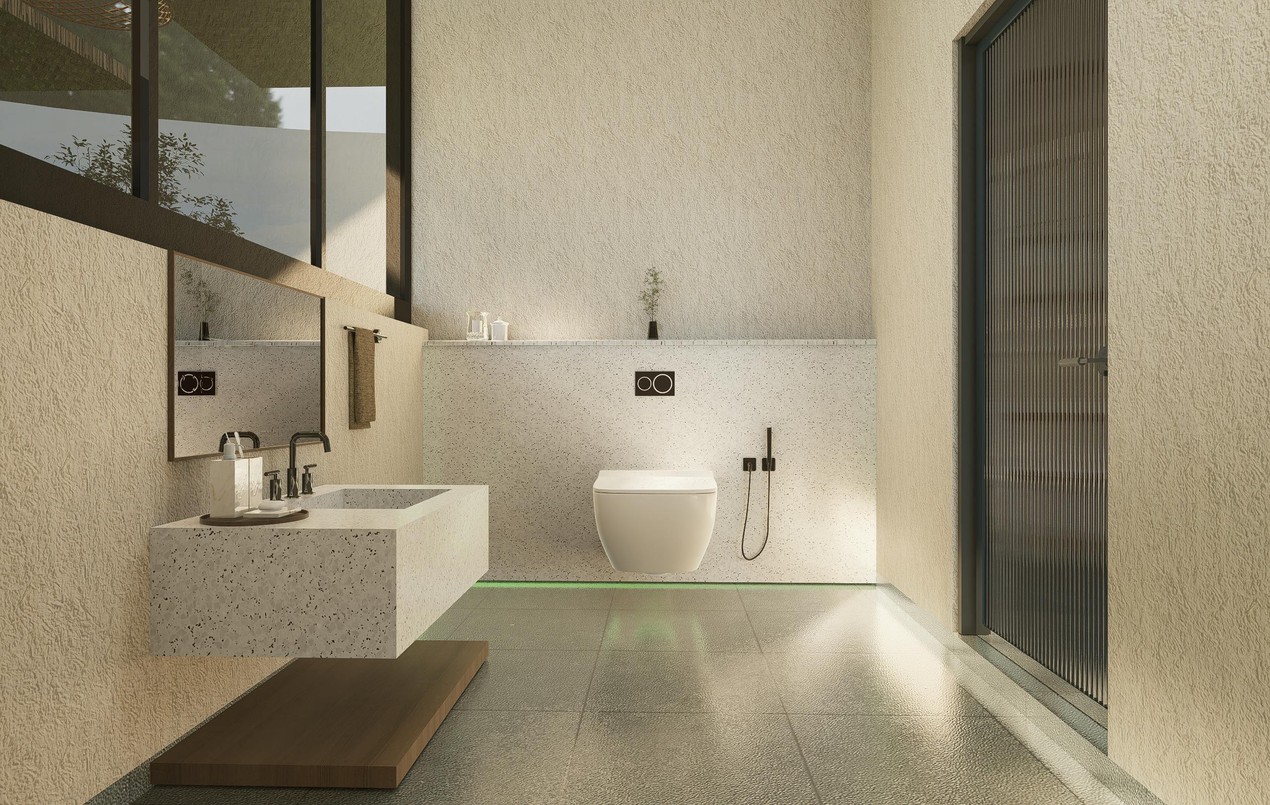 Projects Sleek and calming modern bathroom with minimalist design and neutral tones.